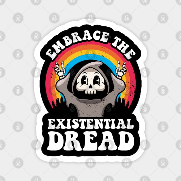 Embrace The Existential Dread Retro Cartoon Nihilism Anxiety Magnet by MerchBeastStudio