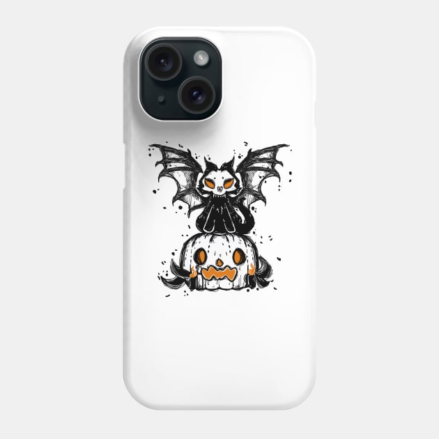 Halloween pumpkin and spooky cat vampire 2022 decoration ink drawing Phone Case by astronauticarte