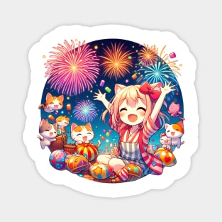 Happy new year 2024 Anime catgirl & friends Magnet