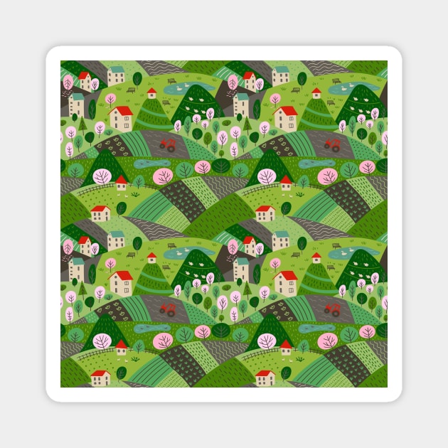 Spring village landscape pattern Magnet by yuliia_bahniuk