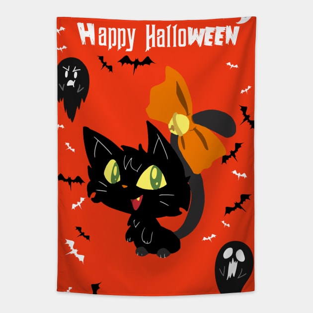 Orange Happy Halloween - Black Cat with a Bow Tapestry by saradaboru