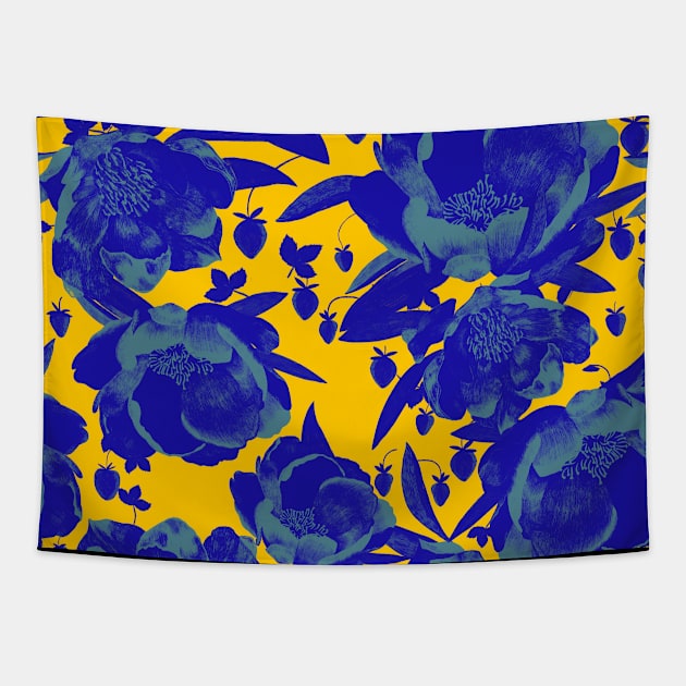 Monochrome blue florals Tapestry by Flyingrabbit