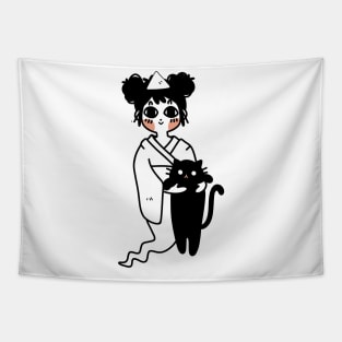 Kawaii Design “Ghost Girl with Cat“ | Cute Handmade Illustration | Cat Lover Gift | By Atelier Serakara Tapestry