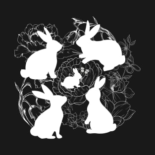 White Bunnies on White Sketched Flowers T-Shirt