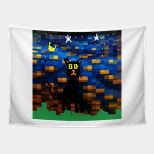 Pixel Night Cat Design on White Background Tapestry