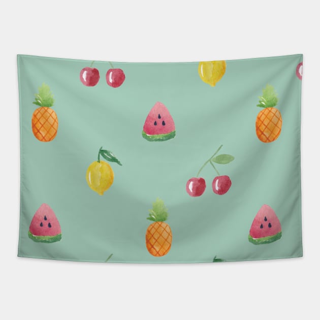 Turquoise Watercolor Fruit Pattern Tapestry by julidoesart