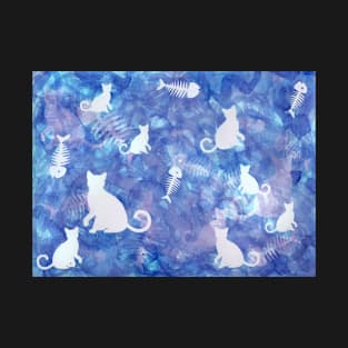 Blue Watercolor Cat and Fish Bone Painting T-Shirt