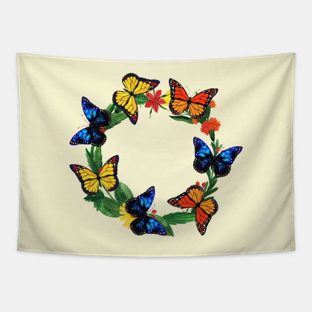 Butterflies on wreath Tapestry by Gaspar Avila