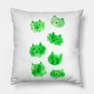 Green Kitty Faces Watercolor Pillow