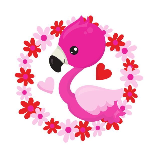 Cute Flamingo, Pink Flamingo, Bird, Flowers, Heart by Jelena Dunčević