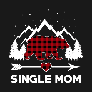 Single Mom Bear Buffalo Plaid Matching Family Christmas Pajama T-Shirt