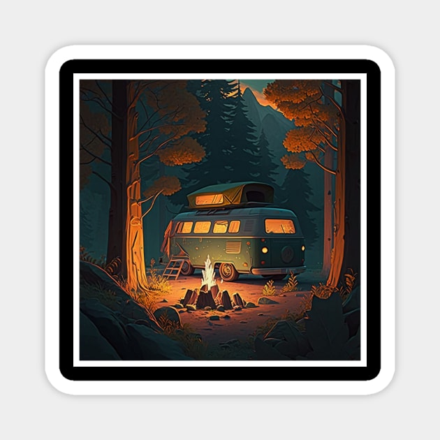 Camping Van, Adventure in the Forest, Camfire Magnet by logiamerch