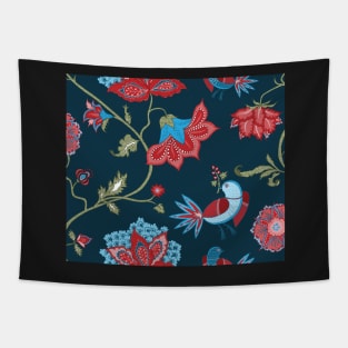 Exotic chintz with bird - dark blue / red Tapestry