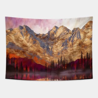 Golden Textured Mountain Lake Reflecting Pink Skies Tapestry