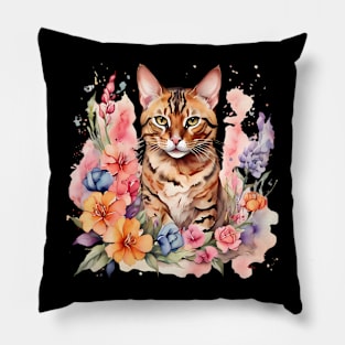 A bengal cat decorated with beautiful watercolor flowers Pillow