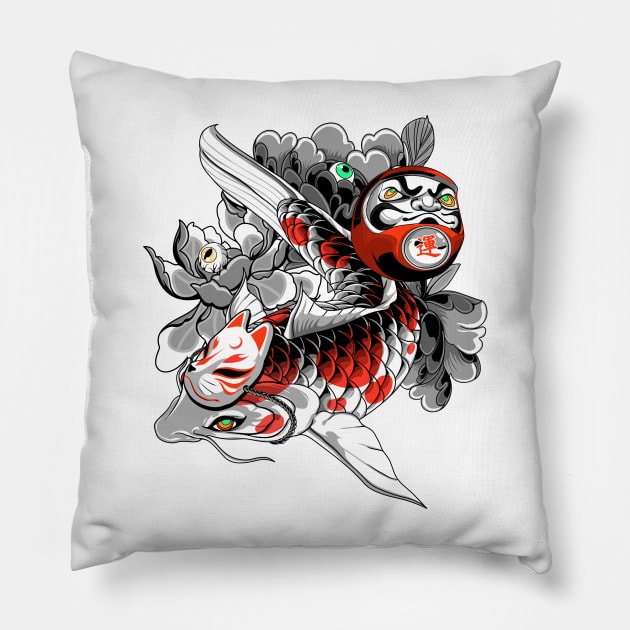 Koi and Daruma Prosperity Pillow by Heymoonly