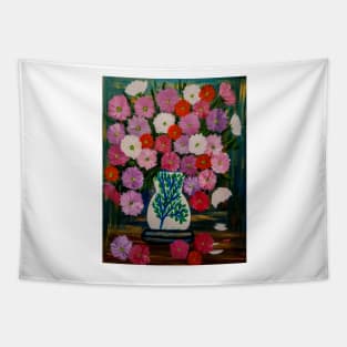 A beautiful bouquet of mixed flowers in a white vase with a tree painted on it Tapestry