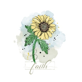 Sketchy Doodle Faith Yellow Watercolor Flower T-Shirt