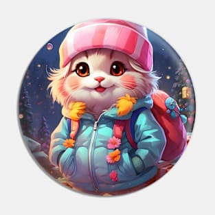 Cute Cat in Winter Clothes with Christmas Gifts Pin
