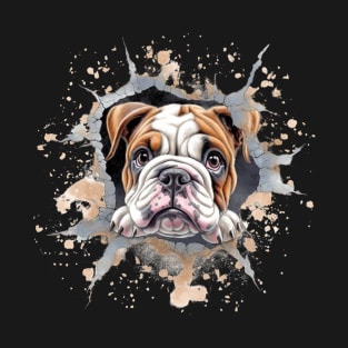 Cute Bulldog Puppy Looking Through Hole in the Wall. T-Shirt