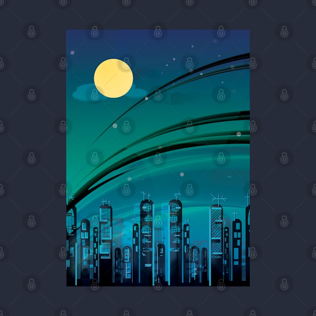 Blue City Night Moon by CatCoconut-Art