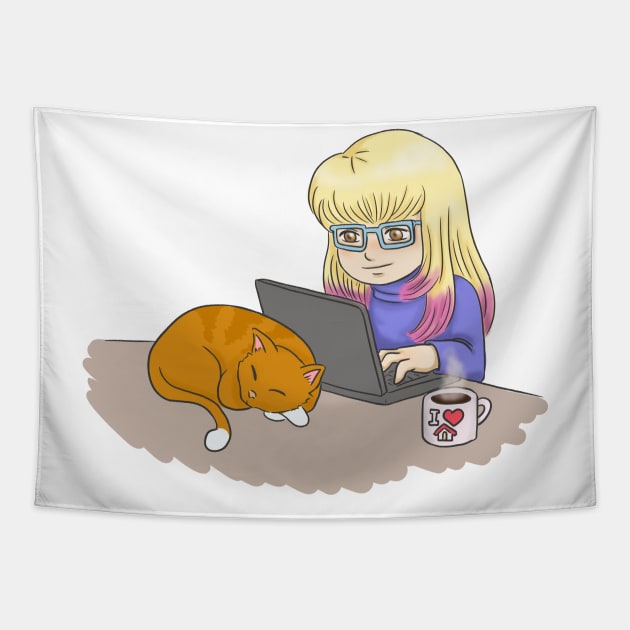 Geek girl working from home Tapestry by CintiaSand