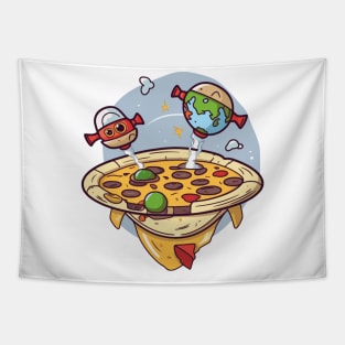 Spacecraft pizza with salami and spaceships earth and robot Tapestry