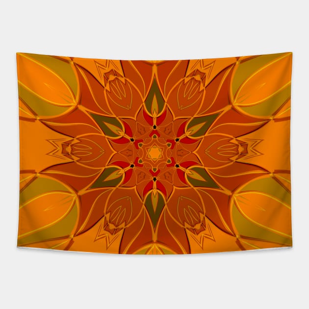 Cartoon Mandala Flower Orange and Red Tapestry by WormholeOrbital