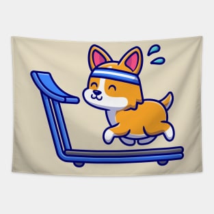 Happy Corgi Running On The Treadmill Tapestry