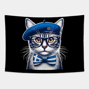 Cat With Greece Flag Bowtie Tapestry