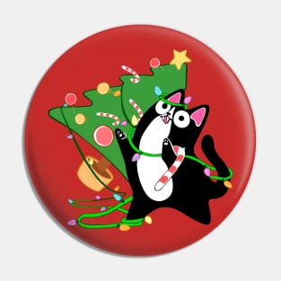 Christmas Tuxedo Cat knocks over tree funny holiday kitty Pin