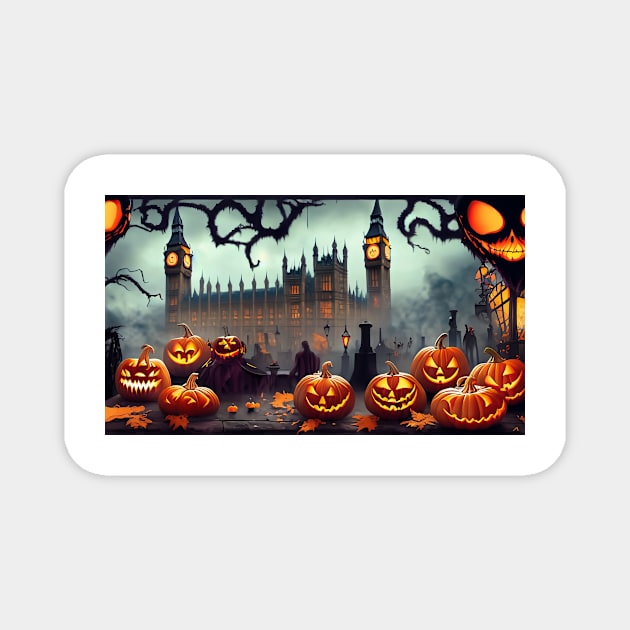 A group of pumpkins with faces carved into them sitting in front of a castle Magnet by Tee Trendz