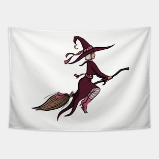 Hot witch modern and stylish purple and pink witch on her broomstick cute cartoon digital illustration Tapestry