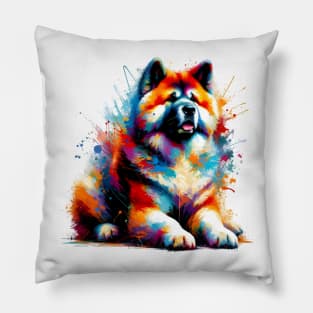 Colorful Akita in Expressive Splashed Paint Style Pillow