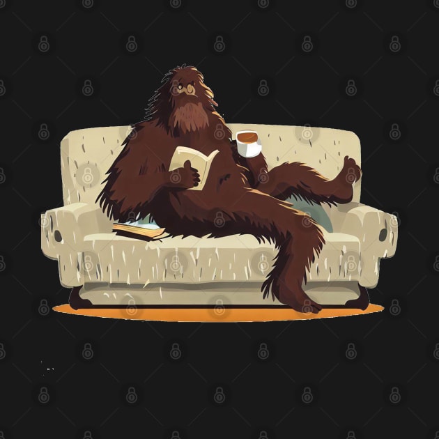 Bigfoot sit on sofa, read a book and drink coffee by JameMalbie