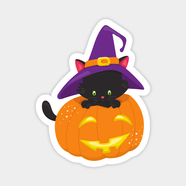 Halloween Cat, Black Cat, Witch Hat, Pumpkin Magnet by Jelena Dunčević