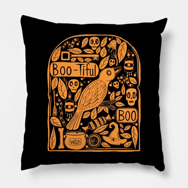 Tombstone Halloween Doodle Orange Pillow by Scriptnbones