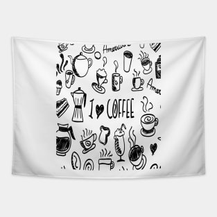 I Love Coffee Fun Black Line Illustration Tapestry