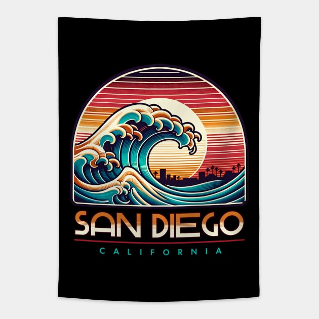 San Diego California Vintage Sunset Tapestry by Odetee