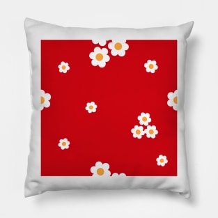 Simple White flowers (Chamomile) repeat pattern in red background Pillow