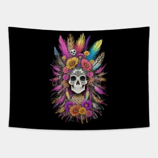 skull with flower and feathers Tapestry