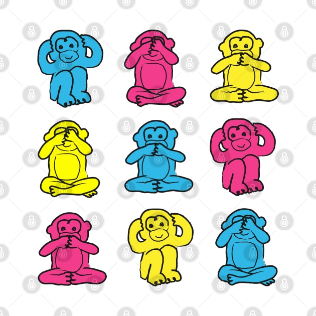 Illustration of Three Wise Monkeys in pink, blue and yellow on white background by marufemia