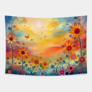 Spring morning sunny landscape with flowers and butterflies. Tapestry