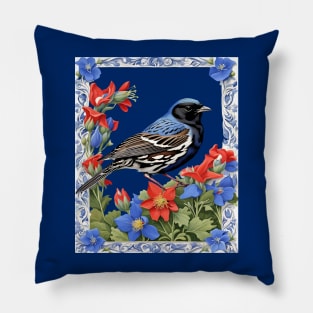 A Lark Bunting Surrounded by Colorado Blue Columbine Border Cut Out Pillow