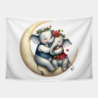 Valentine Elephant Couple on Moon Tapestry