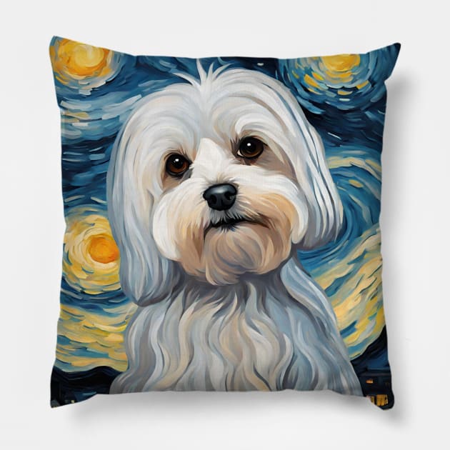 Cute Maltese Dog Breed Painting in a Van Gogh Starry Night Art Style Pillow by Art-Jiyuu