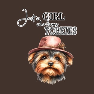 Just a Girl Who Loves Yorkies cute Yorkie dog with hat watercolor art T-Shirt