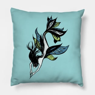 Beautiful mermaid ink drawing in blue and green Pillow