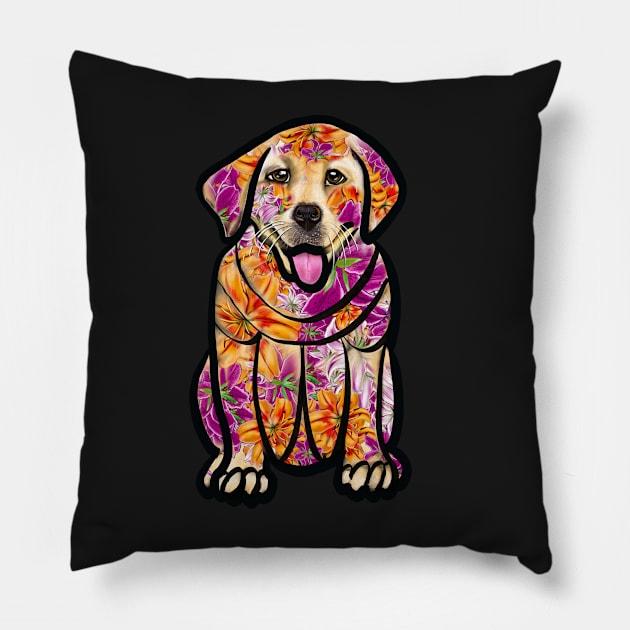 Dogs dog, Labrador retriever in flowers- doggie floral  cute Golden Labrador retriever puppy dog in winter beanie hat Pillow by Artonmytee