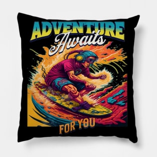 Adventure Awaits For You Surfing, Hello Summer Vintage Funny Surfer Riding Surf  Surfing Lover Gifts Pillow